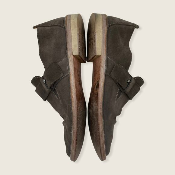 Vince. Milo Gray Buckle Strap Slip On 1" Mini Stacked Heel Loafer Flat 7 - Picture 6 of 9